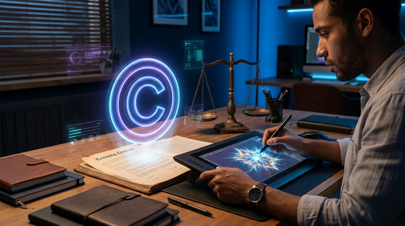 Designer examinant les droits d’une création IA avec une tablette graphique, un contrat et une balance de justice.