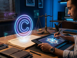 Designer examinant les droits d’une création IA avec une tablette graphique, un contrat et une balance de justice.