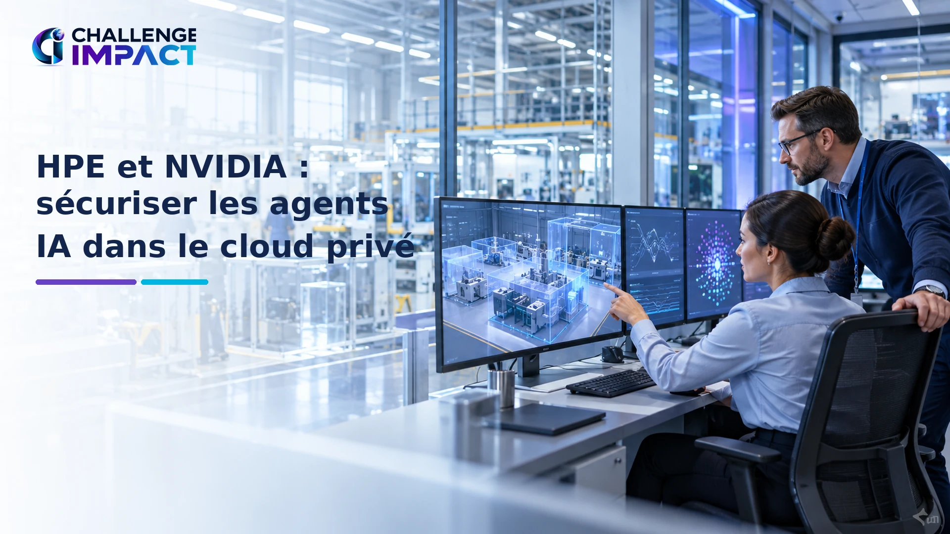 Ingénieurs supervisant des charges d’agents IA isolées dans une usine et un cloud privé lumineux.