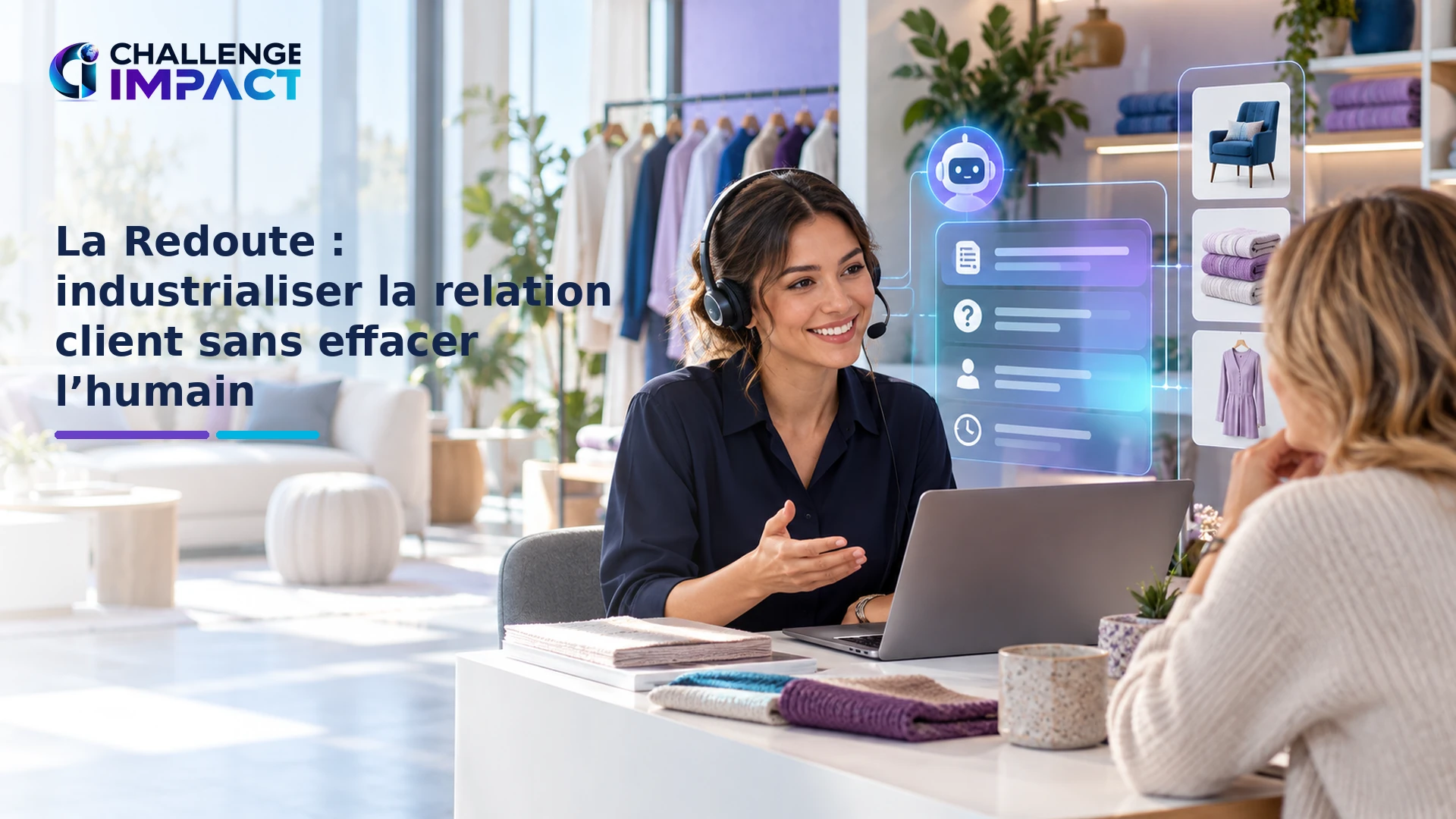 Conseillère de relation client échangeant avec une cliente dans un univers maison et mode, avec une assistance IA en arrière-plan.
