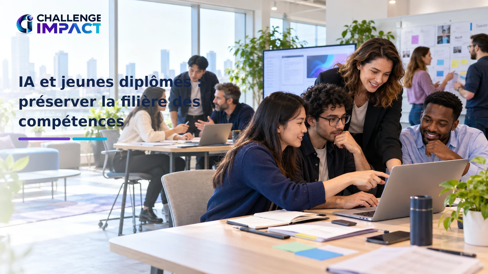 Jeunes professionnels travaillant avec des mentors sur un processus métier assisté par intelligence artificielle dans un bureau lumineux.