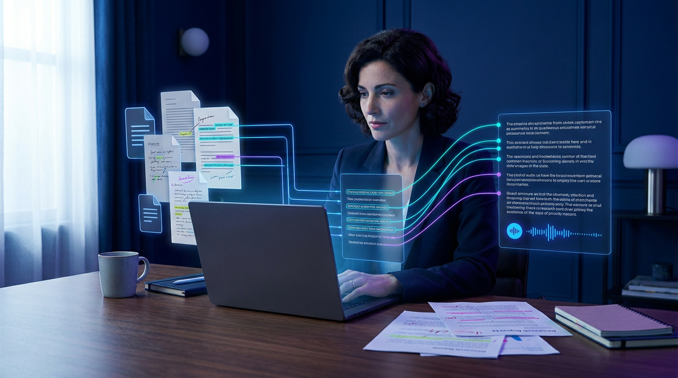 Chercheuse reliant des documents sources à une synthèse d’intelligence artificielle et à ses références.
