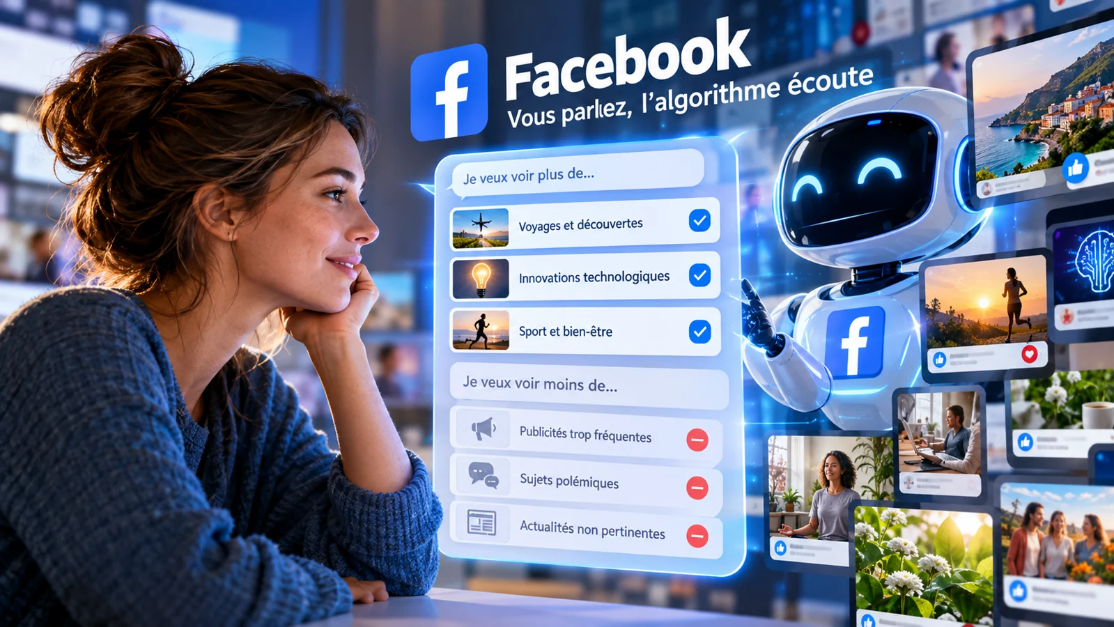 Femme devant une interface de recommandations Facebook personnalisées avec une intelligence artificielle.