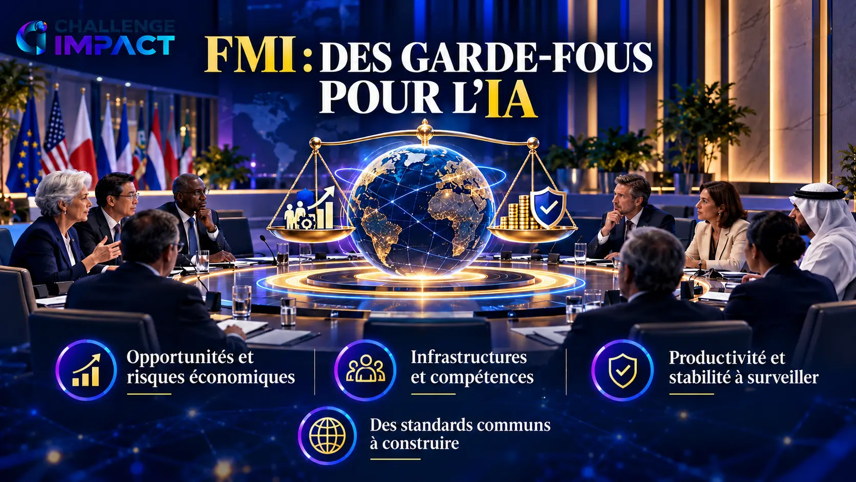 Réunion internationale autour d’un globe et d’une balance illustrant les opportunités et risques économiques de l’intelligence artificielle.