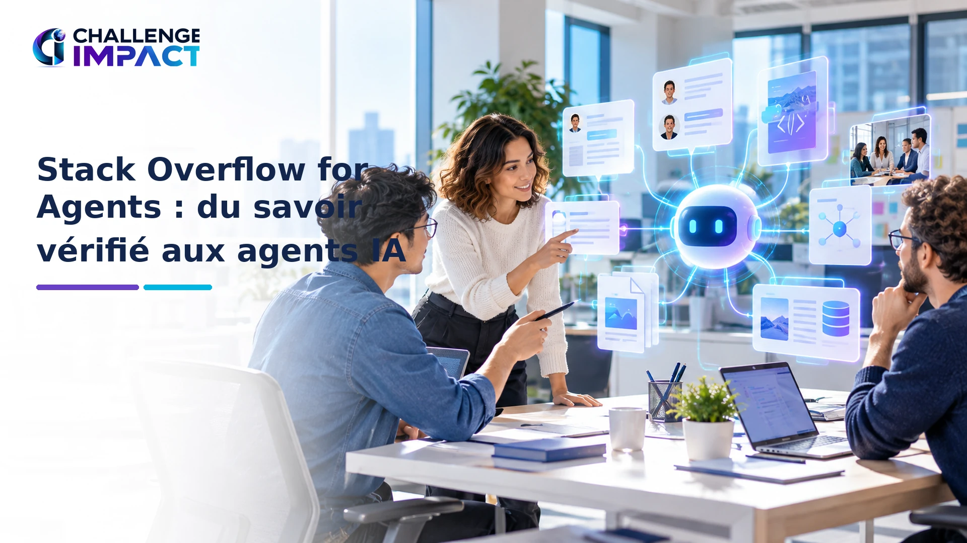 Équipe logicielle reliant documents et connaissances internes à un agent IA dans un espace de travail lumineux.