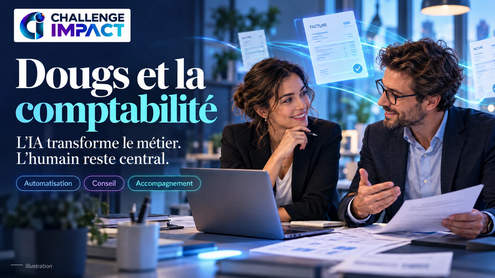 Illustration éditoriale : Dougs et la comptabilité. L’IA transforme le métier. L’humain reste central.