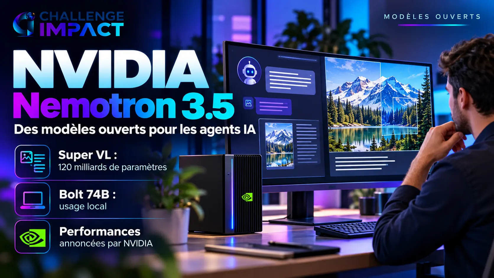 Professionnel utilisant NVIDIA Nemotron 3.5 sur une station locale pour analyser du texte et des images.