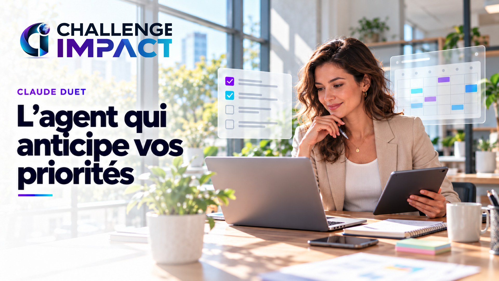 Illustration éditoriale lumineuse : dirigeante consultant les priorités préparées par un assistant IA.