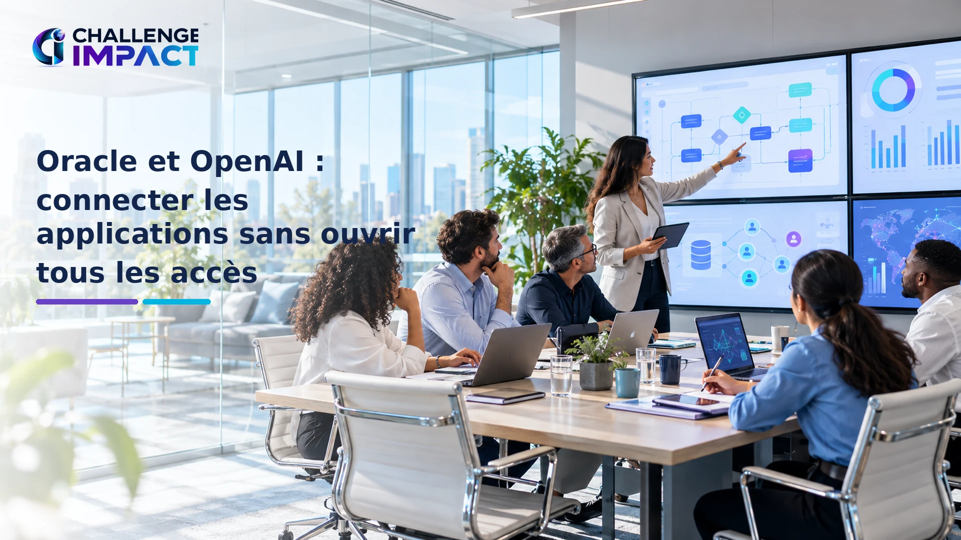 Équipe de direction supervisant des processus métier et des validations autour d’applications connectées par une intelligence artificielle.