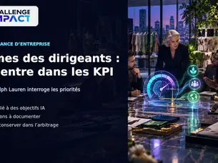 Couverture Challenge Impact montrant un comité de direction arbitrant entre objectifs d’intelligence artificielle et indicateurs environnementaux et sociaux.