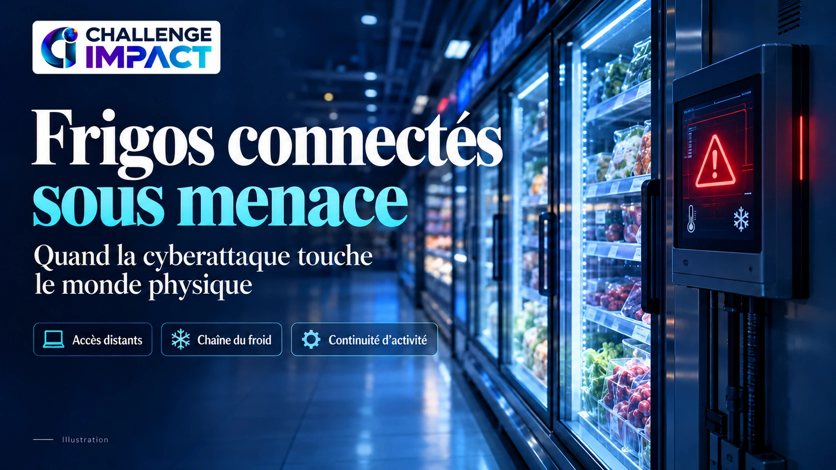 Illustration éditoriale : Frigos connectés sous menace. Quand la cyberattaque touche le monde physique
