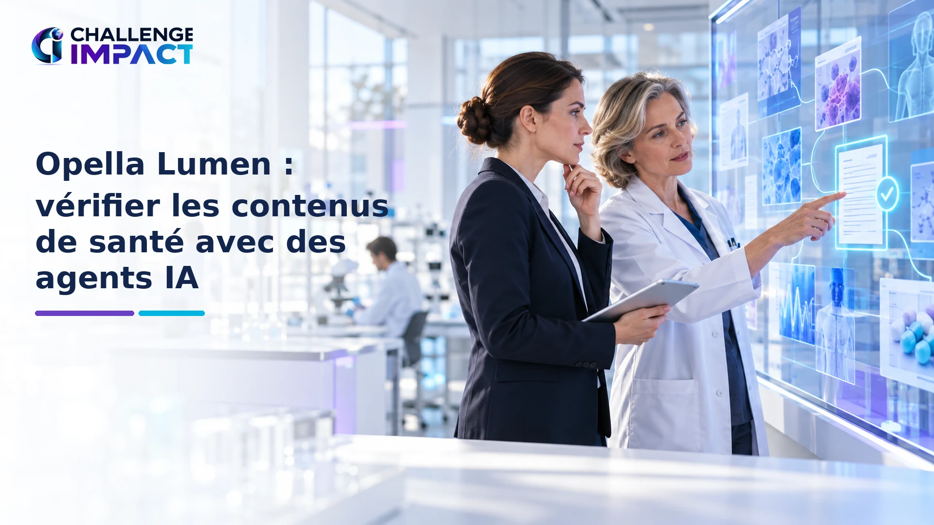 Experte médicale et responsable conformité vérifiant des contenus de santé avec une plateforme d’agents IA dans un laboratoire lumineux.