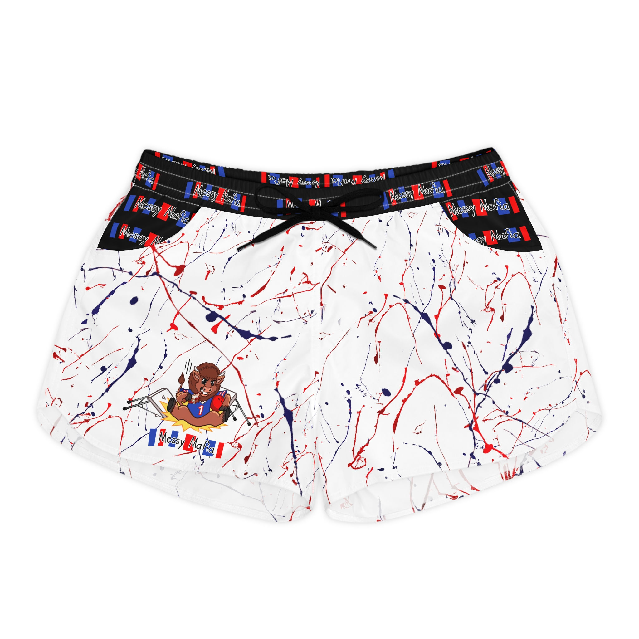 Women's Casual Messy Mafia™ splatter Shorts featuring "Tailgating Ted" design 