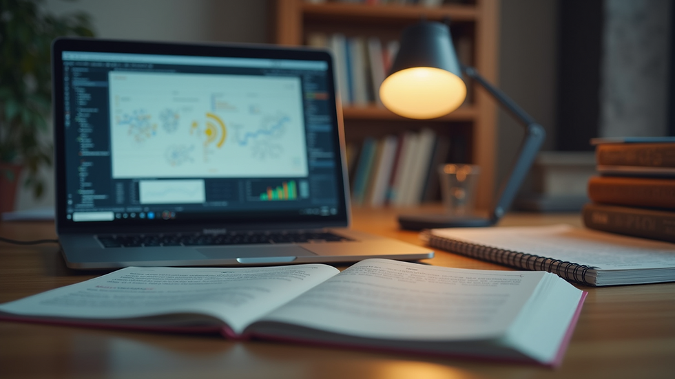 Eye-level view of a workspace with a laptop and AI-related books