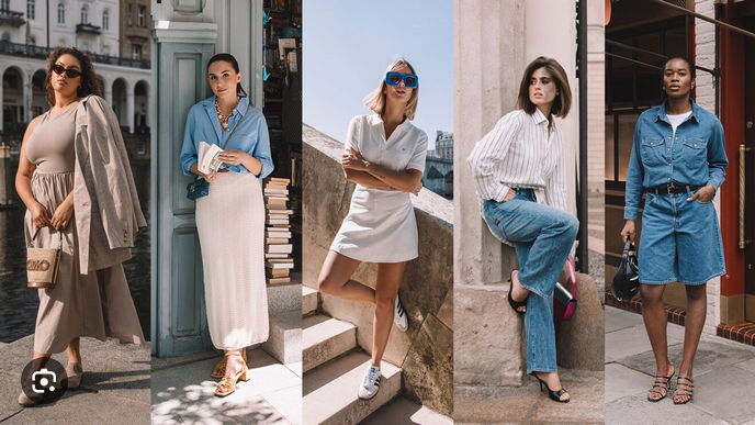 5 women dressed in similar, neutral outfits made up of denim and white or off white pieces.