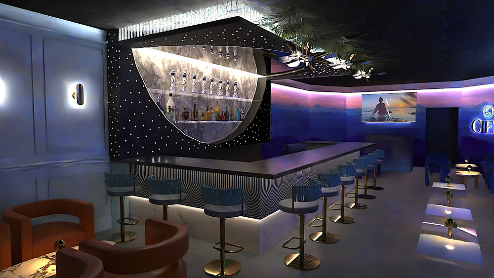 Modern bar interior with lounge seating and blue lighting