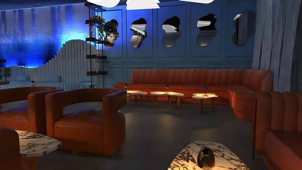 Stylish lounge with red seating and blue accent lighting