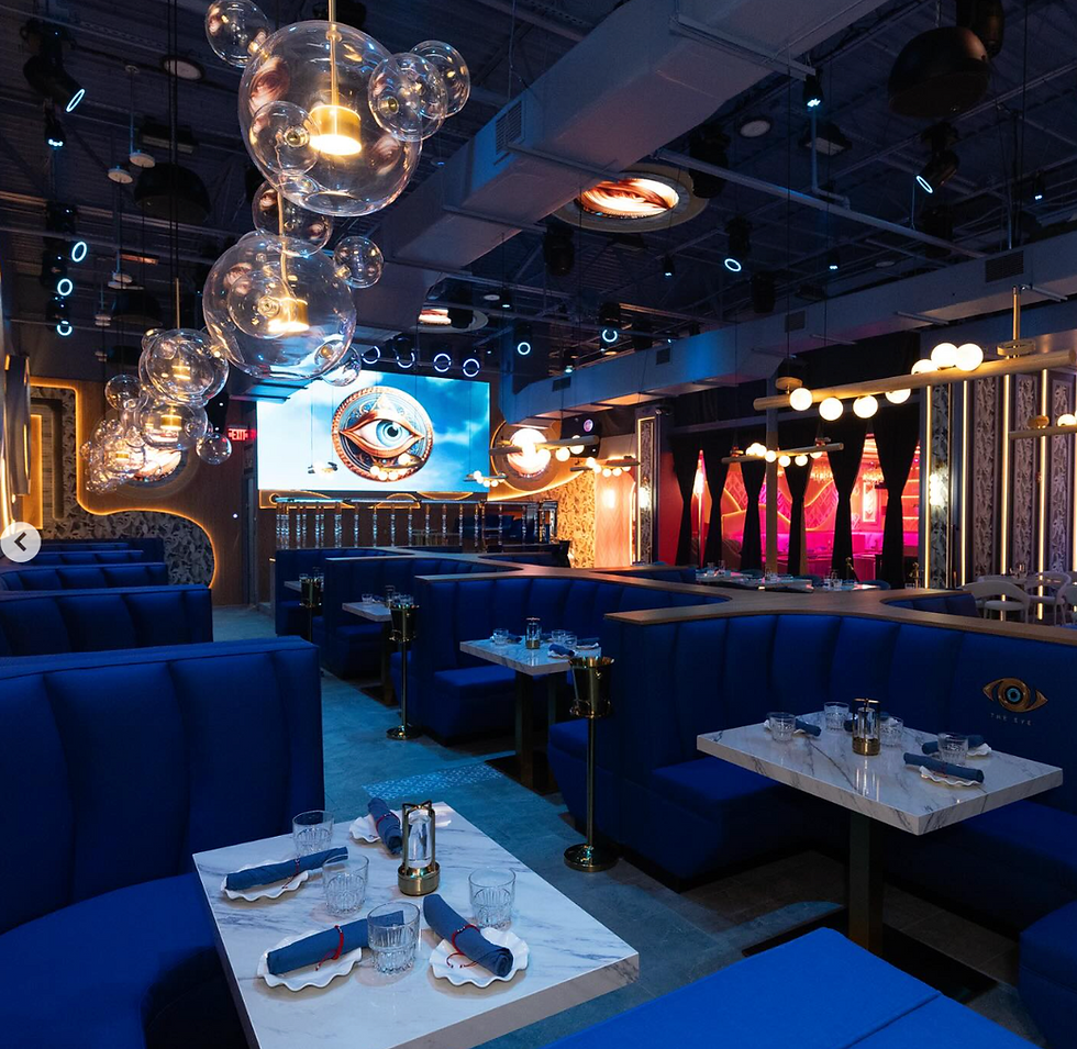 The Eye Orlando restaurant interior design with blue booths