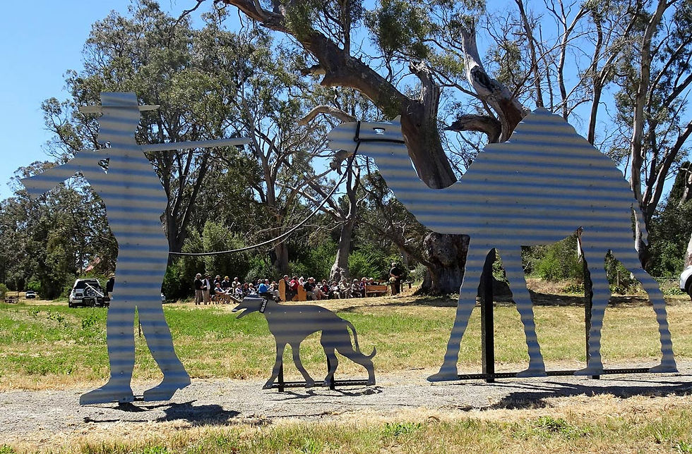 Tin art depicting Horrocks, his camel and dog on Horrocks Highway Penwortham