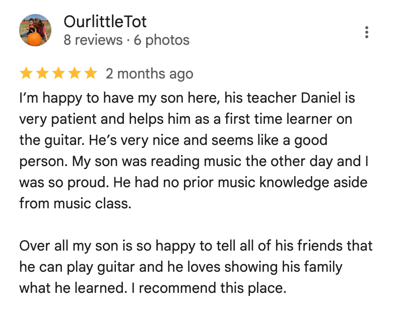 Five-star review highlighting a son's progress learning guitar with a kind, patient teacher and no prior music experience.