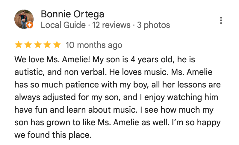 Five-star review praising Ms. Amelie for her patience with an autistic, non-verbal child. Parent is grateful for the positive experience.