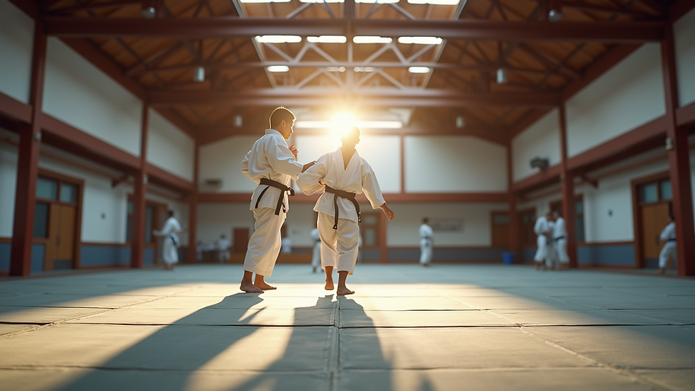 Eye-level view of karate dojo training area with mats