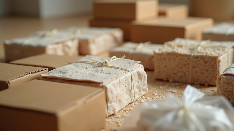 Close-up view of various packaging materials arranged neatly