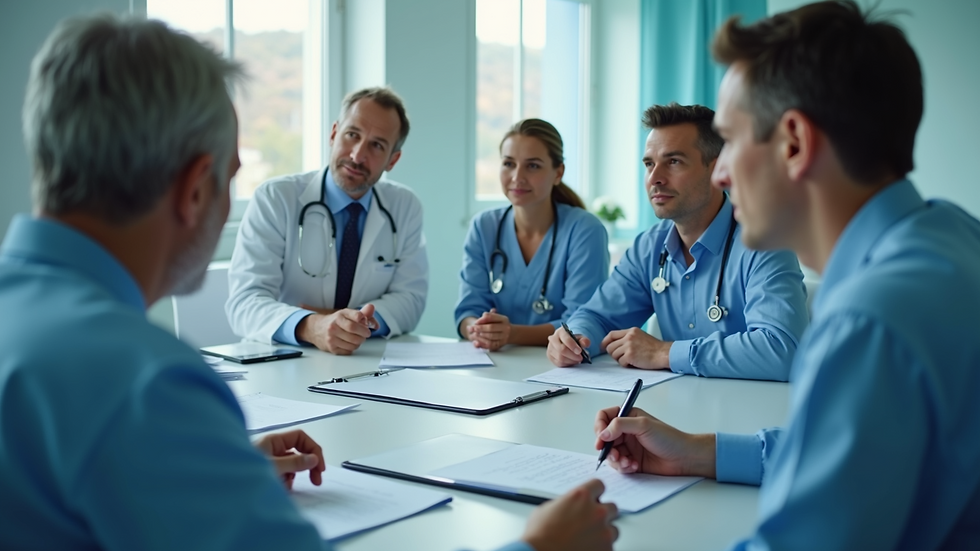 High angle view of a hospital staff meeting discussing healthcare reimbursement