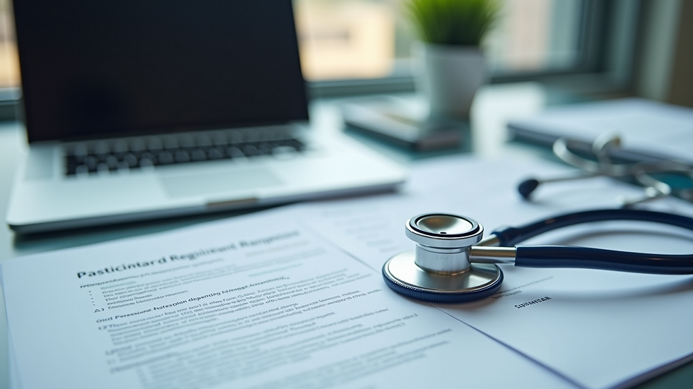 High angle view of regulatory documents and medical device on a desk