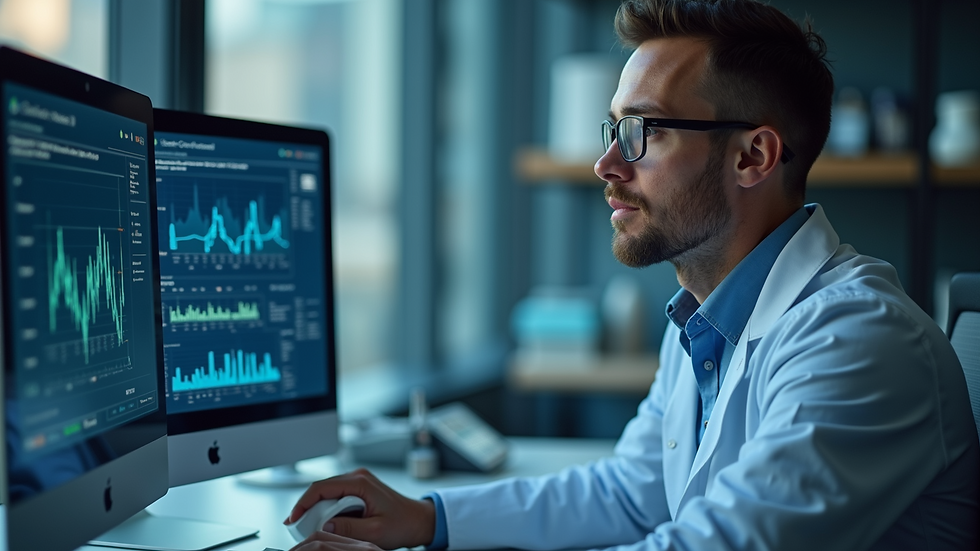 Close-up view of a researcher analyzing clinical trial data on a computer