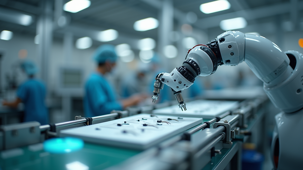 Close-up view of a medical device manufacturing line with robotic arms