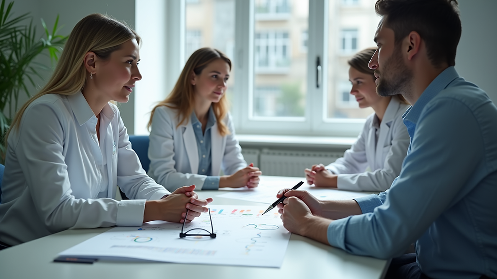 Close-up view of a clinical trial team discussing study design around a table