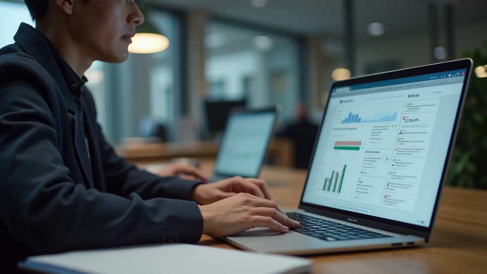 Eye-level view of a product manager analyzing user feedback on a laptop