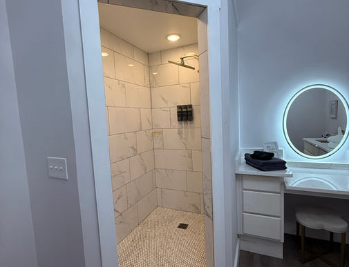 Entry door and vanity area inside bridal suite at Fyre Lake Winery