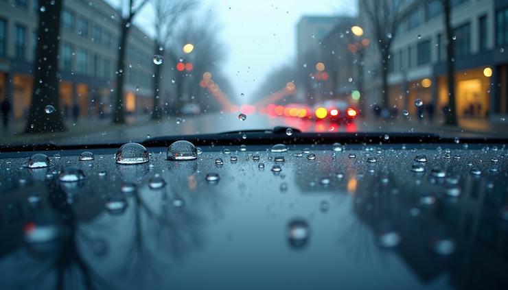 Eye-level view of a car windshield with water beading after ceramic coating