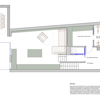 A technical drawing of a ground floor of a house with an extension