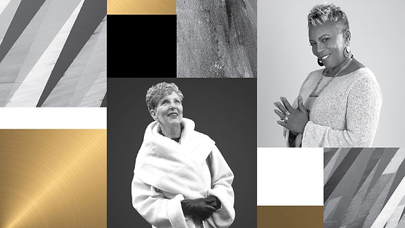 Black, gold & gray abstract imagery with photos of hosts Vivian and Marcie mixed in