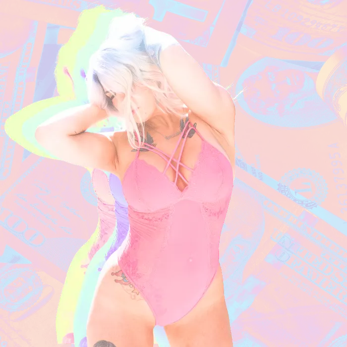 Stripper Jessica Sue in pink body suit with hands behind head