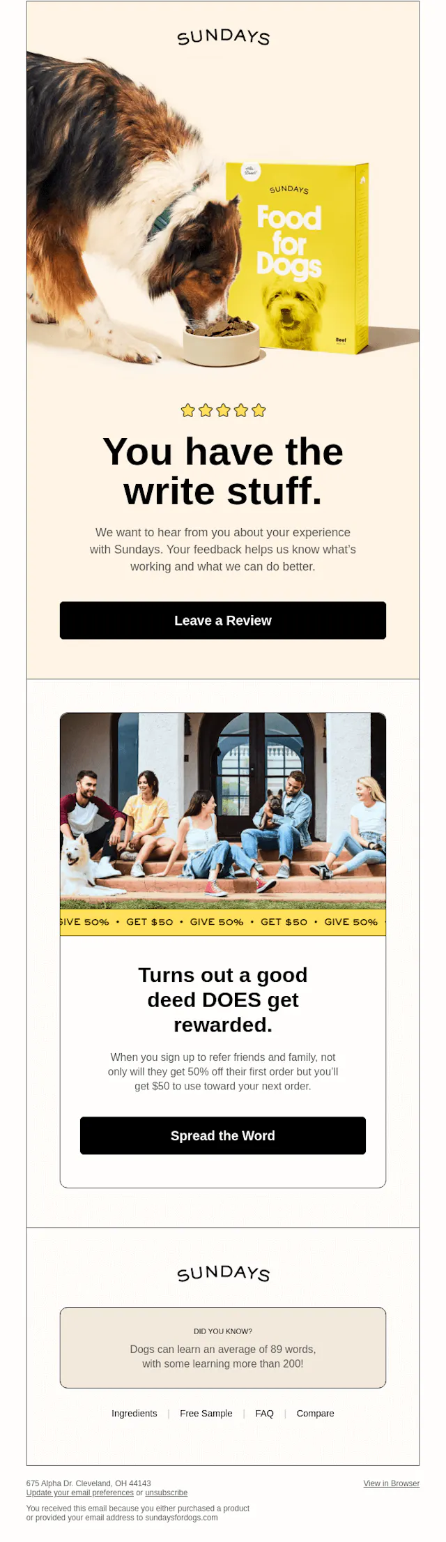 An example of post purchase email used by succesful  e-commerce brand in the pet niche / industry 