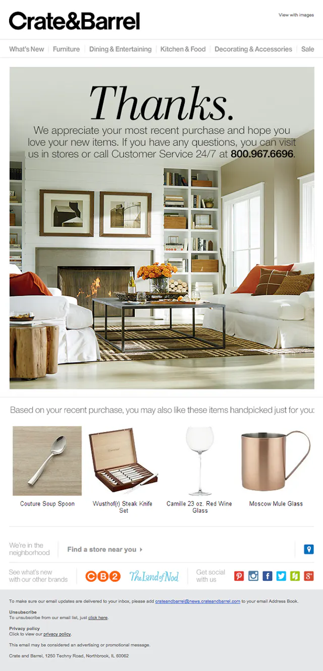 An example of post purchase email used by succesful e-commerce brands to generate more trust with their customers from Crate&Barrel