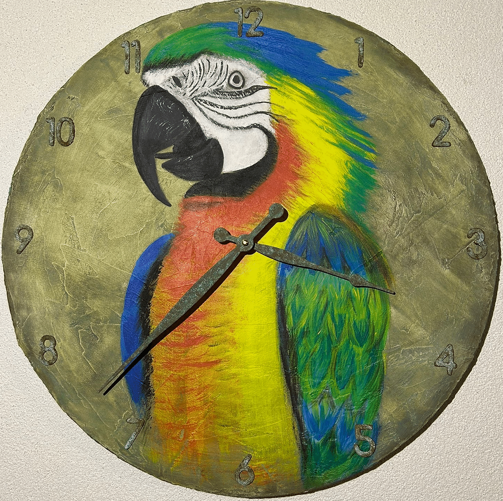 Papagei motiv auf gespachtelte Uhr, Uhr mit tiermotiv