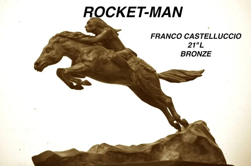 Bronze sculpture of a rider leaning forward on a galloping horse, titled Rocket-Man.