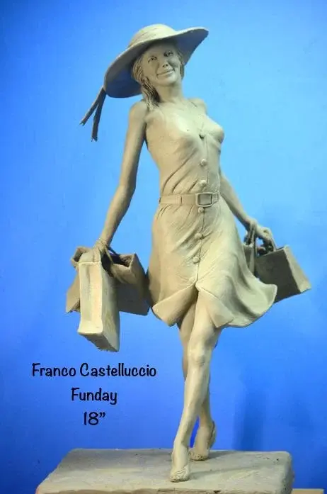 : 'Funday' by Franco Castelluccio — bronze sculpture of a woman walking with shopping bags, symbolizing independence and joy.