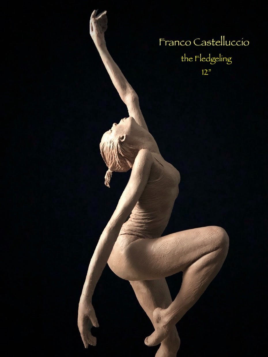 'The Fledgling' by Franco Castelluccio — bronze figure poised in motion, symbolizing growth and transformation.