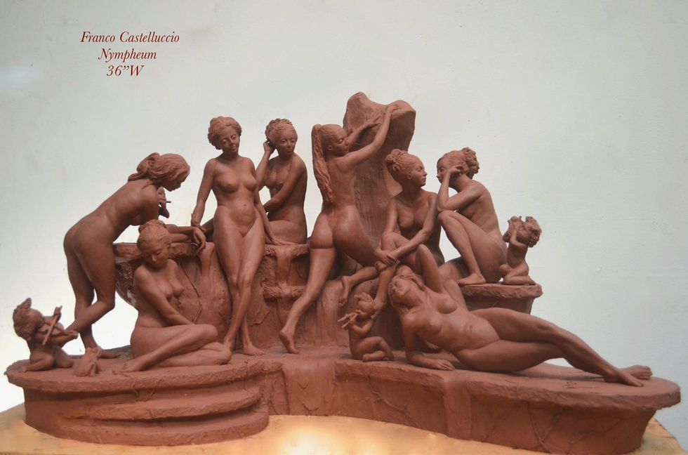 Nympheum bronze sculpture by Franco Castelluccio – 36-inch tableau of nymphs and cherubs in classical harmony, inspired by nature and myth.