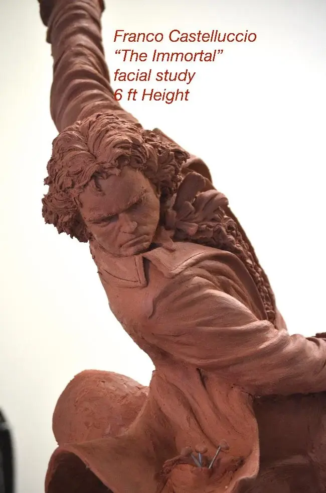 : Close-up of 'The Immortals' bronze sculpture — expressive anatomical form and cosmic rhythm.