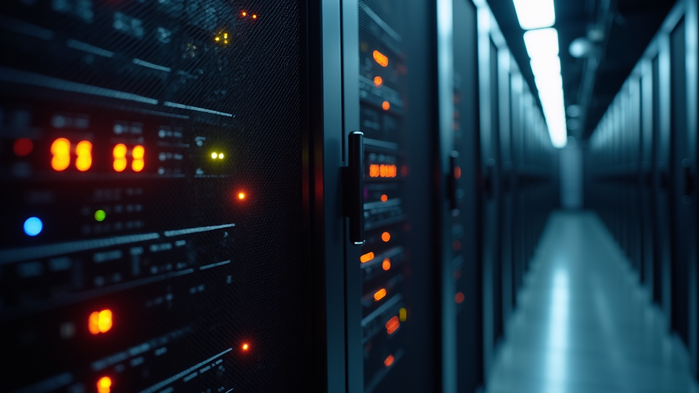 Close-up view of a server rack with blinking lights in a data center