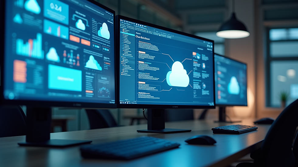 Eye-level view of a modern office workspace with multiple computer screens showing cloud architecture diagrams
