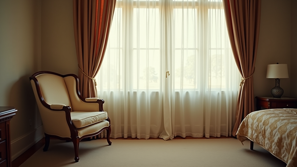 Eye-level view of a softly lit bedroom with elegant curtains and a vintage armchair