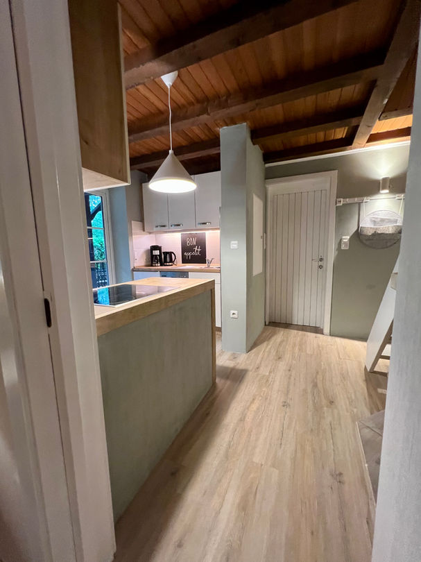 Moderne Küche mit Holzdetails und hochwertigen Geräten in der Ferienwohnung Münsterland